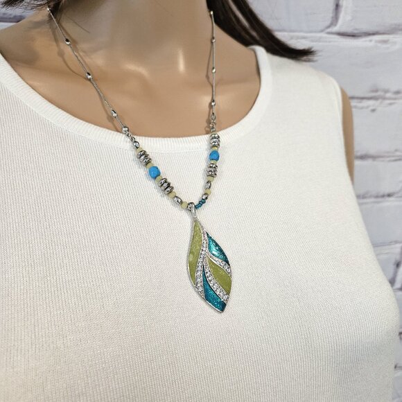 NECKLACE - green, blue and silver leaf pendant - Picture 3 of 5